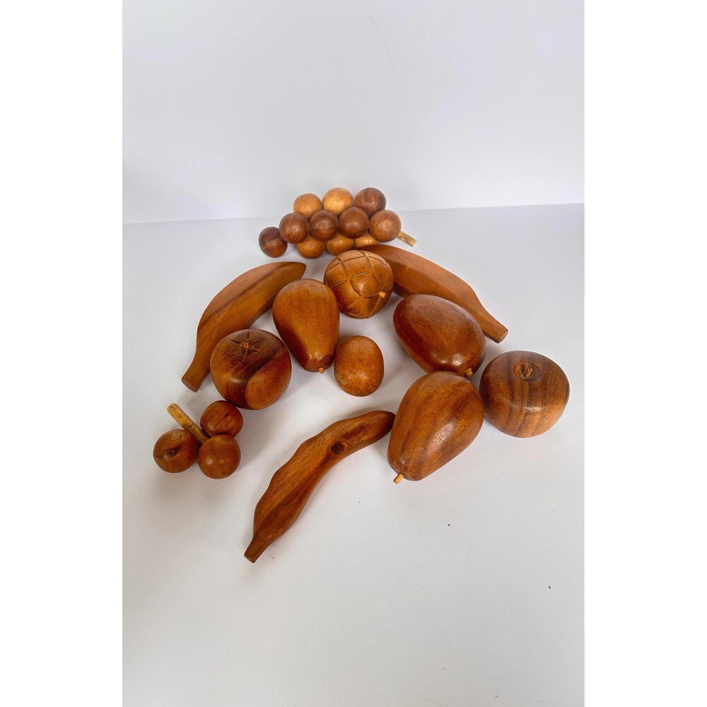 Vintage MCM Hand-Carved Monkey Pod Wood Fruit Set - 12 Piece Lot